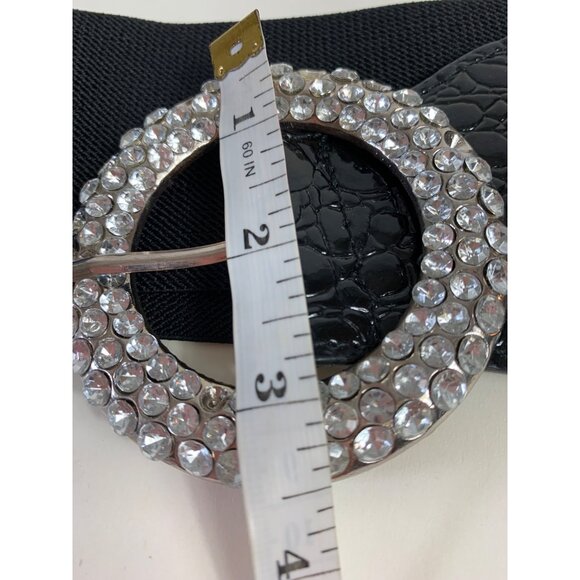 VTG Inspired 80s Black Wide Elastic Belt SZ M/L Rhinestone Buckle Crock Embossed - Picture 9 of 15